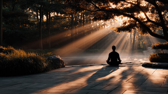 Man meditating in a serene garden at sunrise, practicing zen meditation and yoga for mindfulness, tranquility, peace, and spiritual well being