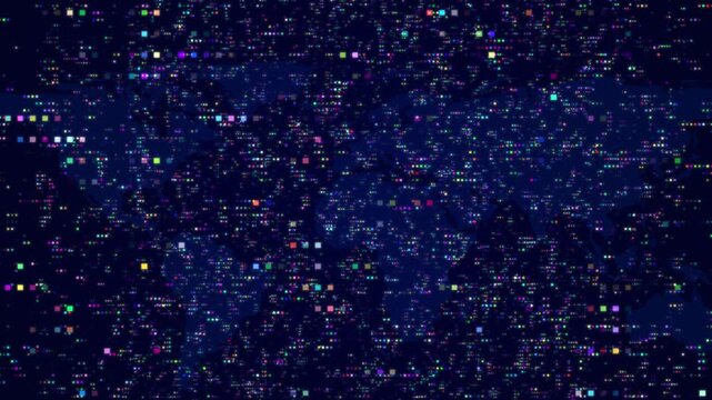 Futuristic Digital World Map Animation On A Deep Navy Background Featuring Thousands Of Shimmering Multi-colored Pixelated Data Points And Glowing Square Blocks That Flicker To Represent Global 