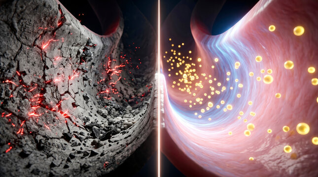 Abstract comparison of damaged artery versus healthy blood vessel with flowing nutrients