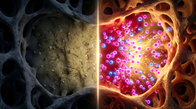 Microscopic view of cellular regeneration and healing process in bone tissue