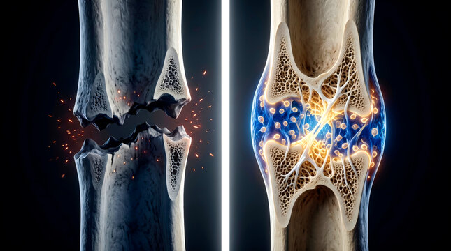 Fractured bone healing process visualized with cellular regeneration and repair