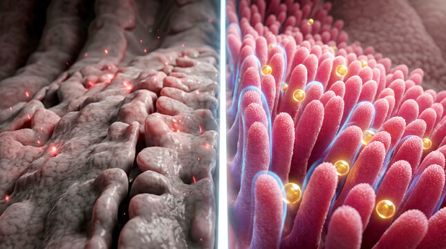 Microscopic view of intestinal villi showing healthy and damaged states