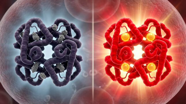 3D rendering of hemoglobin molecules, one deoxygenated and one oxygenated