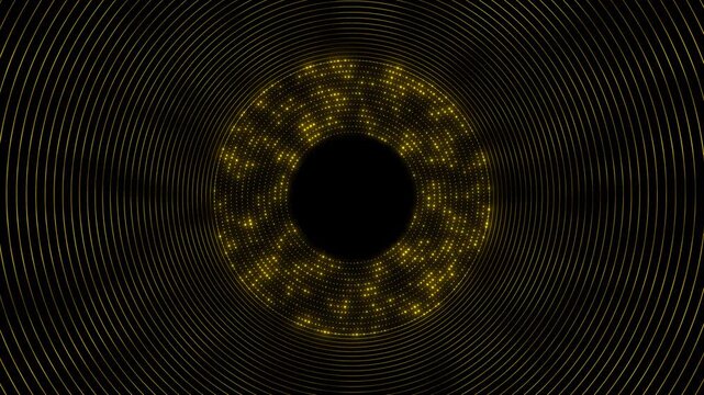 Gold concentric ring abstract background glows dotted circular particles, dark center, elegant geometric rhythm luxury intros, technology visuals, music videos, award screens, premium title designs.