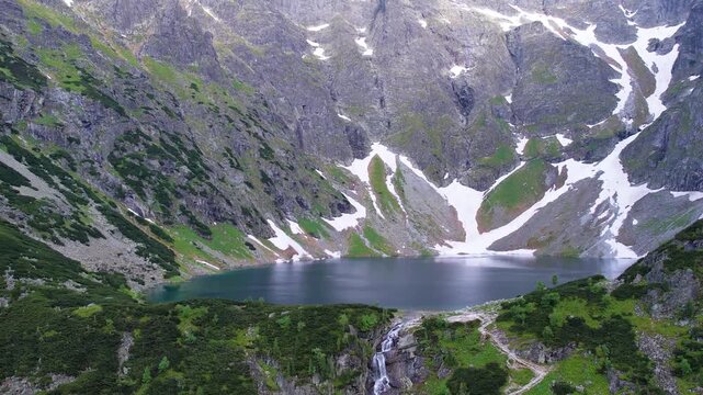 Stunning aerial view of Morskie Oko lake nestled in the Tatra Mountains, near Zakopane. Surrounded by lush greenery and rugged cliffs, the serene water creates a breathtaking natural landscape
