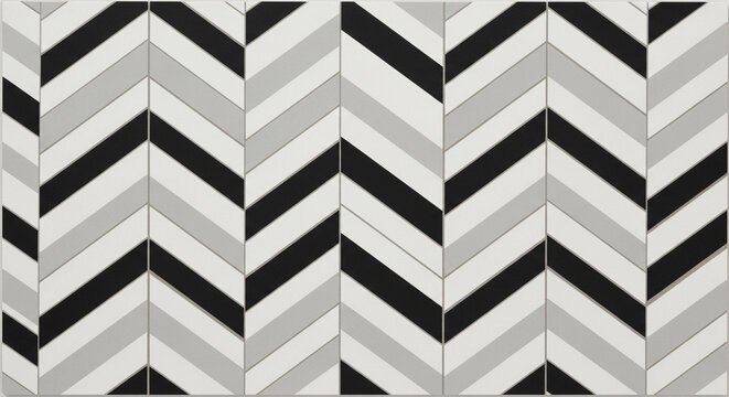 Abstract, geometric, monochromatic chevron pattern with repeating dark black, light gray, and white angular shapes forming a dynamic, visually striking, and modern textile design.