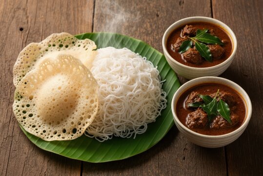 South indian appam idiyappam and stew served on banana leaf on wooden background string hoppers