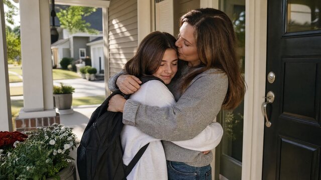 Mother's Tender Farewell: A Hug and Kiss Before School