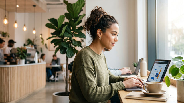 Modern Professional Working on Laptop in Cozy Cafe Workspace