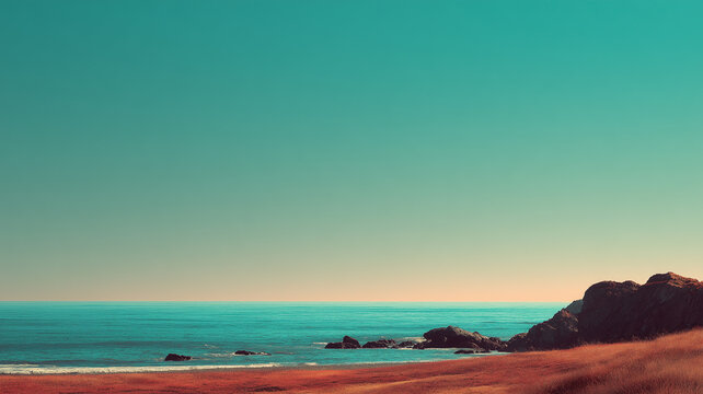 Minimalist ocean coast landscape with rocks and blue sky. Scenic cinematic sea beach horizon panorama. Retro vintage style nature background with vast copy space