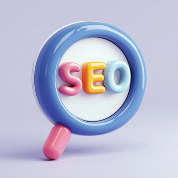 SEO 3d icon logo. Search engine optimization concept 3d render icon with magnifier.