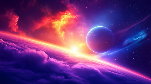 Fantastic space with planets background horizontal poster. Digital illustration.	
