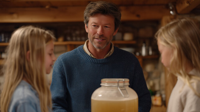 Family watching father demonstrate home brewing beer process over kitchen counter with fermentation airlock, home craft education, hobby sharing, intergenerational activity, DIY culture, weekend pro