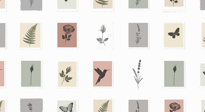 Vintage Botanical Stamp Collection: Ferns, Flowers, Butterflies, Hummingbirds