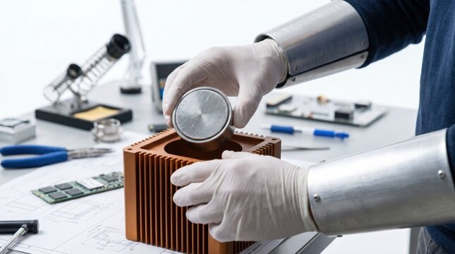 Engineer wearing protective metal gauntlets placing a part into a copper heatsink assembly