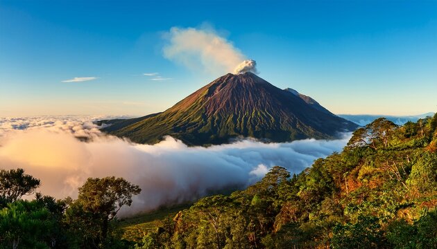 majestic volcano above lush greenery and thick clouds at golden hour warm sunlight revealing mountain textures with drifting smoke mist under a clear blue sky creating a dramatic natural landscape