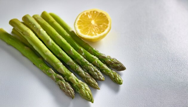 fresh asparagus spears with lemon slice on a light surface