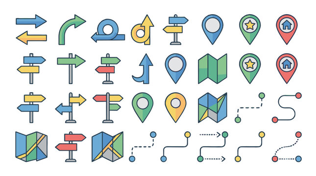 colorful 3d location navigation icons set with map pins and direction arrows
