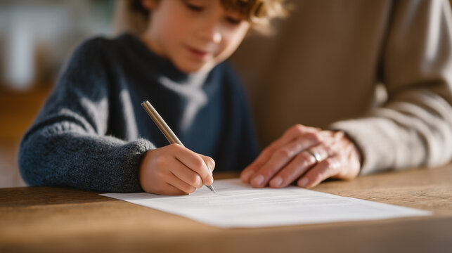 A child's gaming headset and a printed family screen time agreement side by side on a table, the close up hands detail showing a parent and child both signing the document, the screen time family co