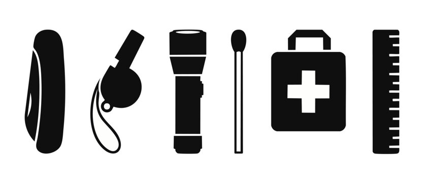 Emergency survival kit icons set, essential gear equipment for safety, rescue whistle, flashlight, medical bag, match, ruler, minimalist vector silhouette illustration for outdoor preparation, hiking