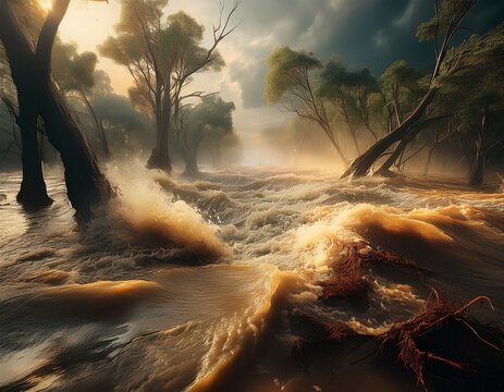 powerful floodwaters surge through devastated landscape with muddy currents and swirling debris submerging trees and fragile vegetation dramatic natural disaster scene showing extreme weather impact