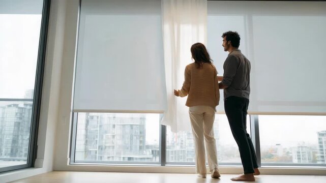 Couple admiring city view through large window with roller blinds