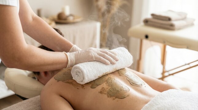 Spa therapist applying a warm rolled towel to a clients back covered in a healing mud mask