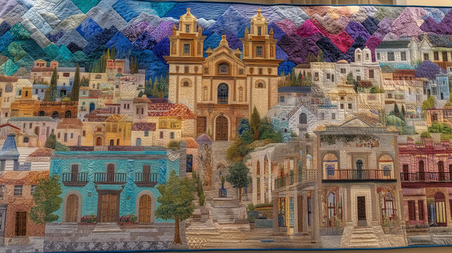 Multicultural group of textile artists collaborating on a massive community quilt documenting diaspora migration stories in a sunlit urban community center, each fabric square hand-stitched with emb