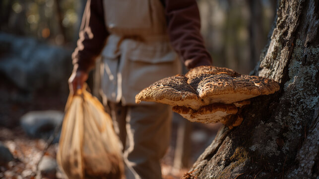 Mushroom forager examining the underside of a wild hen-of-the-woods growing at the base of an oak tree in a temperate hardwood forest, a field identification guide tucked under one arm, a mesh colle