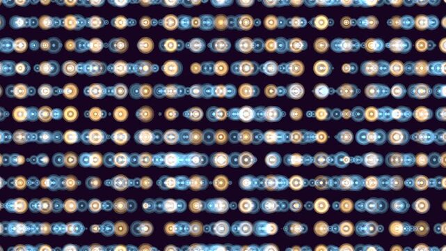 Defocused bokeh lights form horizontal rows of glowing circles in blue and warm tones on a dark background, creating an abstract festive pattern for motion design