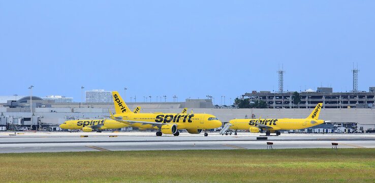 Three Spirit Airlines jets on the Fort Lauderdale Hollywood International Airport tarmac the day prior to Spirit announcing it will cease operations after a rescue deal stalled. 