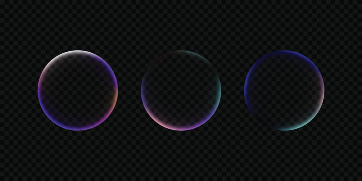Set of three glowing iridescent spheres on dark transparent background
