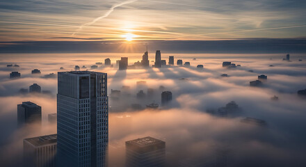 Naklejka premium Aerial view of skyscrapers emerging from a dense fog at sunrise, cityscape with dramatic light rays and wispy clouds, urban skyline backdrop