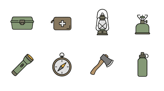 flat design survival kit essentials with camping and emergency tools