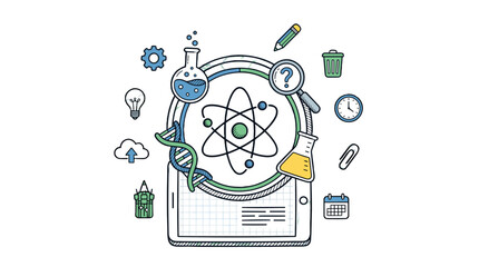 flat design science education concept with atomic model and digital icons © Andrei