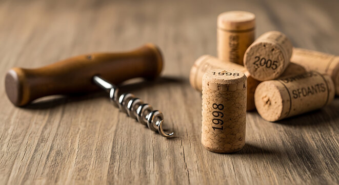 Vintage corkscrew and collection of aged wine corks with dates, scattered on a rustic wooden surface, evoking a sense of tradition and celebration