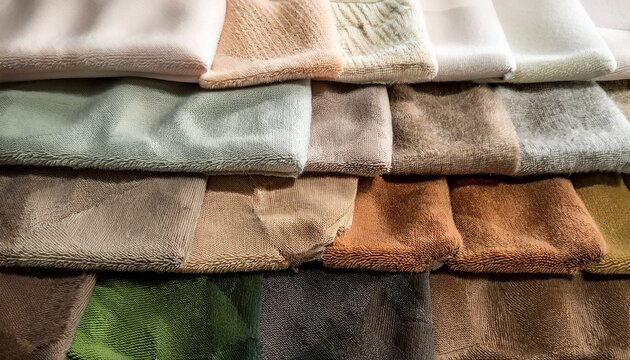 velour boucle and chenille fabric samples arranged in a neutral palette colors warm earth tones beige taupe and olive green