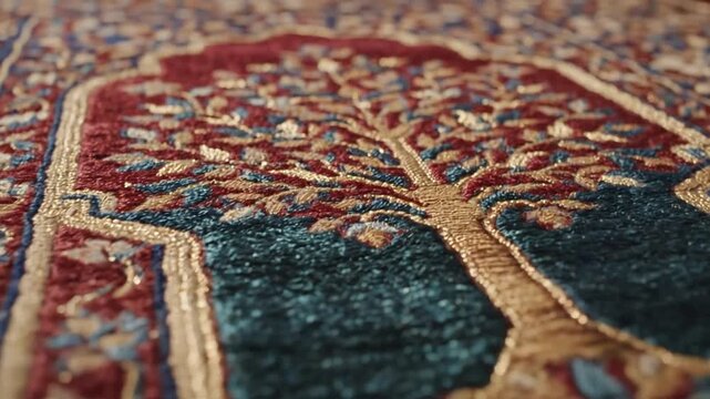 Close up of an intricately woven Persian rug with a tree of life motif.