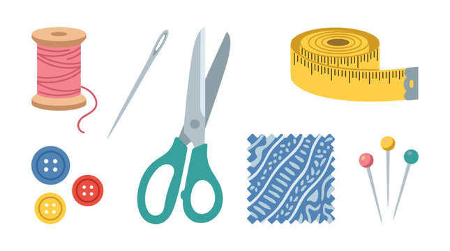 flat lay sewing craft supplies with scissors thread and buttons on white background
