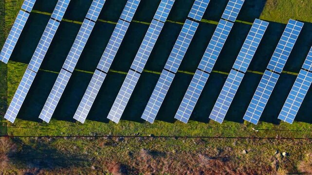 Solar panels lined in rows. Solar panels are placed in neat rows on a green field. The panels collect sunlight for energy.