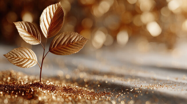Golden plant growing from glittering soil symbolizing financial growth, wealth creation, valuable investment, profit, and the flourishing of successful business ideas