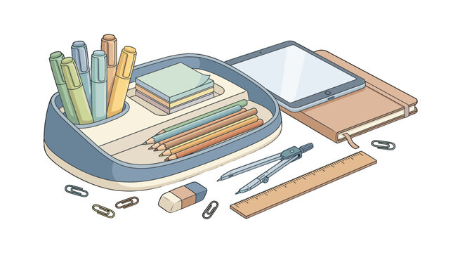 flat lay office supplies and tech devices on blue workspace background
