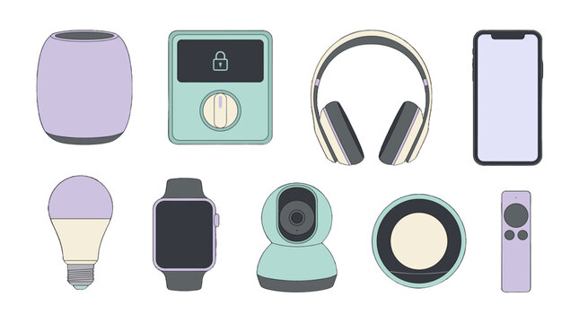 flat lay collection of modern tech gadgets and smart devices on pastel background