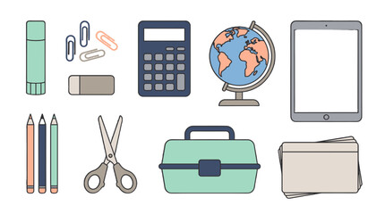 Fototapeta premium flat lay office and travel essentials with globe and calculator