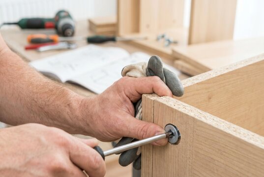 Person wearing gloves using a screwdriver to assemble pieces of flat pack wooden furniture