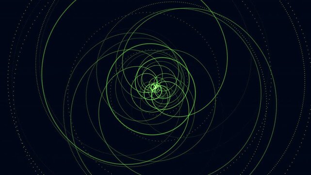 Glowing green dotted lines swirl into a spiral vortex on a dark background, creating an abstract futuristic particle trail animation for technology, data, and sci fi visuals