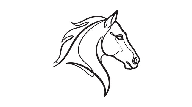 Elegant single line drawing of a horse head, showcasing its graceful profile with flowing mane