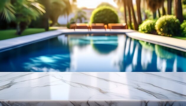 white marble table top with blurred pool background for product display