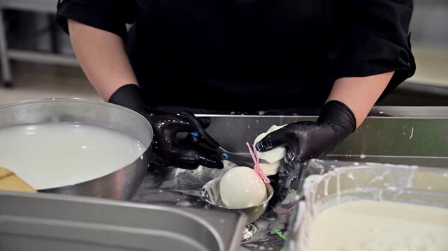 Preparing burrata cheese with stracciatella in a commercial kitchen setting