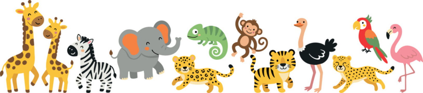 Safari Animal Set with Giraffes, Zebras, Elephants, Monkeys, and Birds, Cute Cartoon Animal Characters for Kids, Nature, and Wildlife Designs